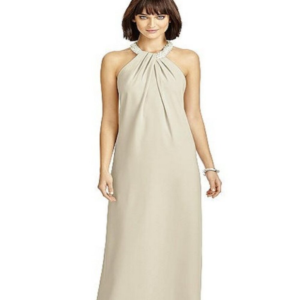 Dessy 2971.....Full Length Crepe Halter Neckline Dress....Palomino...Sz 4